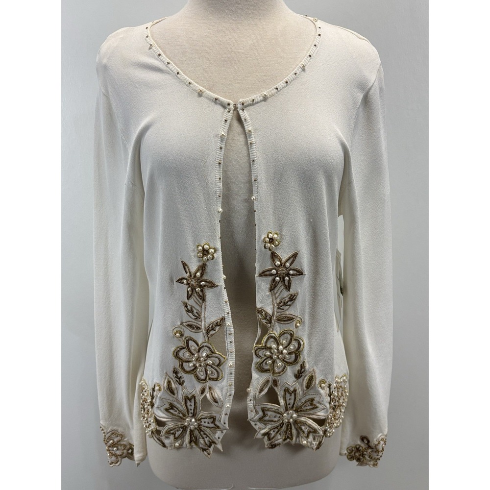 NEW! Vtg Just B Cardigan Sz Large Women's Ivory Beaded Embroidered Embellished